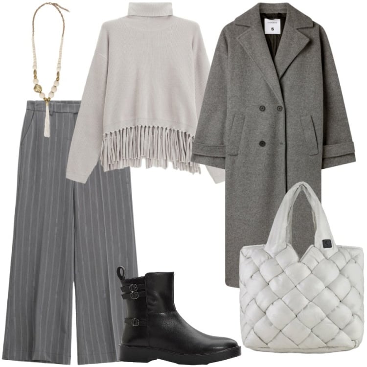 Outfit donna - Frange. Stile Chic per Ufficio. Abbinamento con stivaletti, maglieria, cappotti, pantaloni a palazzo, borse tote, ciondoli.
