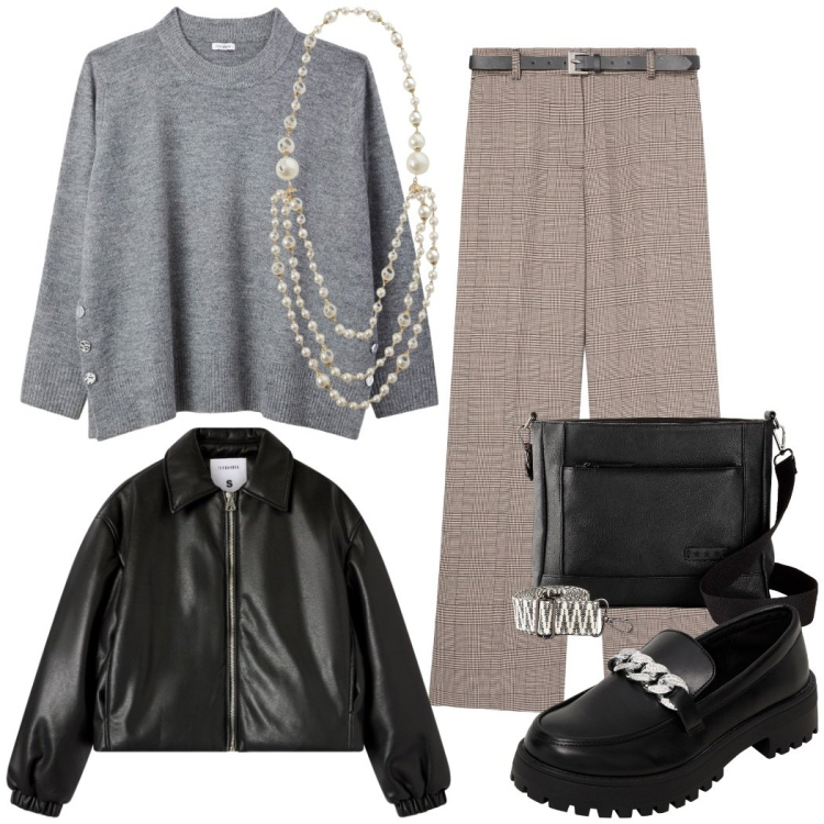 Outfit donna - Total look #2288967. Stile Casual chic per Tutti i giorni. Abbinamento con borse a tracolla, mocassini, maglieria, pantaloni, bomber, collane.