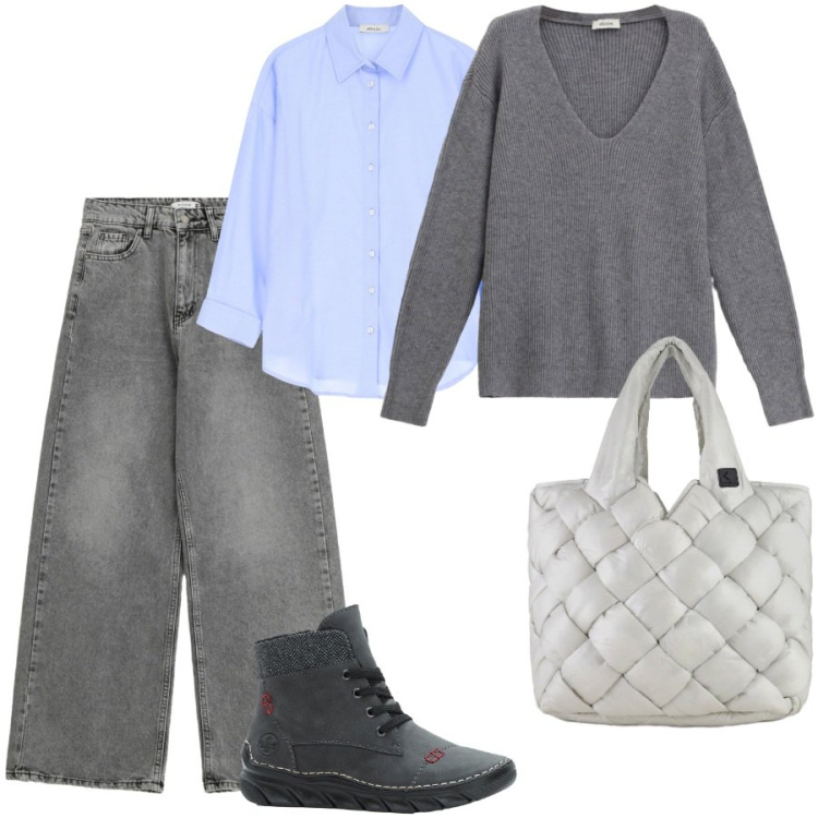 Outfit donna - Total look #2288968. Stile Casual chic per Scuola/Università. Abbinamento con stivaletti, jeans, maglieria, camicie, borse tote.