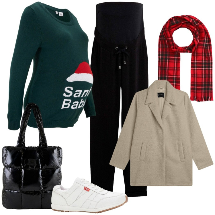 Outfit donna - L\'attesa. Stile Casual per Tutti i giorni. look ideale per Premaman. Abbinamento con pantaloni, sneakers, maglieria, sciarpe, cappotti, shopping bag.