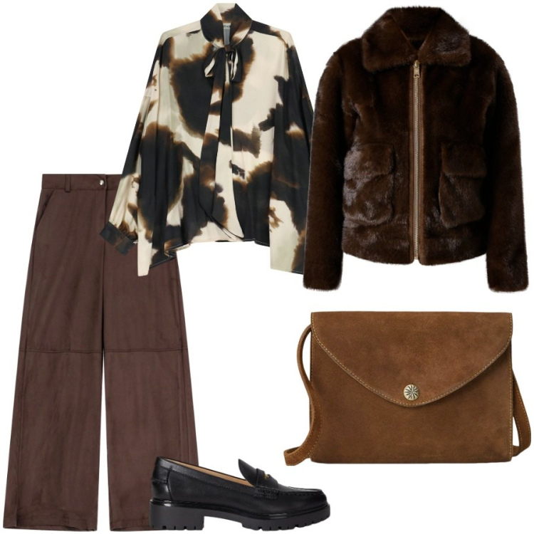 Outfit donna - Total look #2288971. Stile Chic per Ufficio. Abbinamento con ecopellicce, bluse, pantaloni a palazzo, mocassini, borse a tracolla.