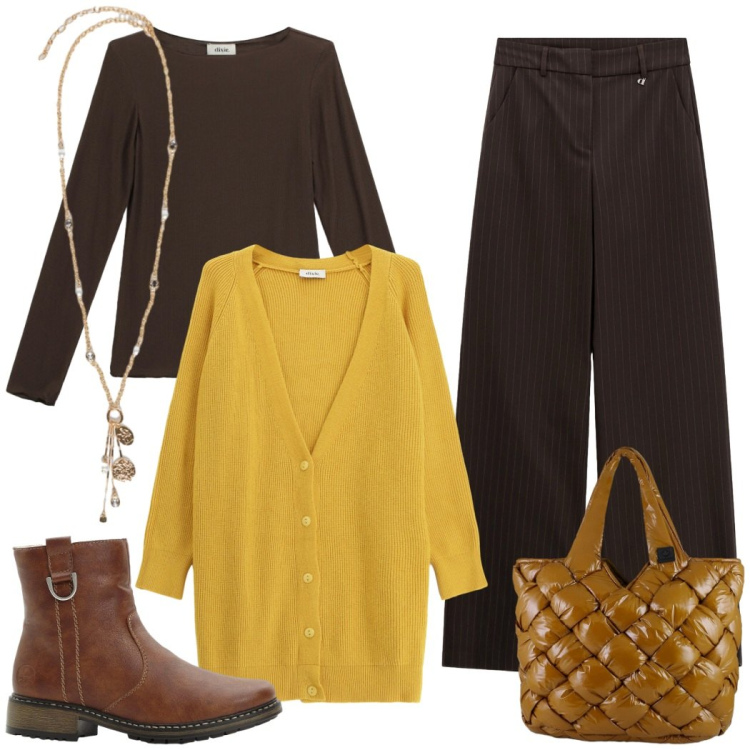 Outfit donna - Total look #2288975. Stile Casual per Ufficio. Abbinamento con stivaletti, pantaloni a palazzo, cardigans, t-shirt, borse tote, ciondoli.