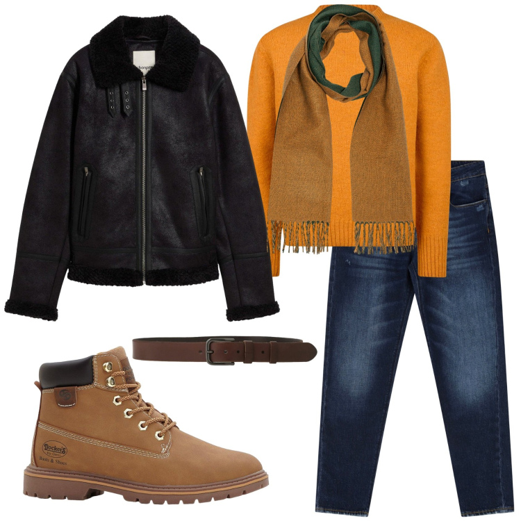 Outfit uomo - Total look #2288982. Stile Casual per Tutti i giorni. Abbinamento con stivali e stivaletti, giacche, jeans dritti, cinture, sciarpe, maglieria.