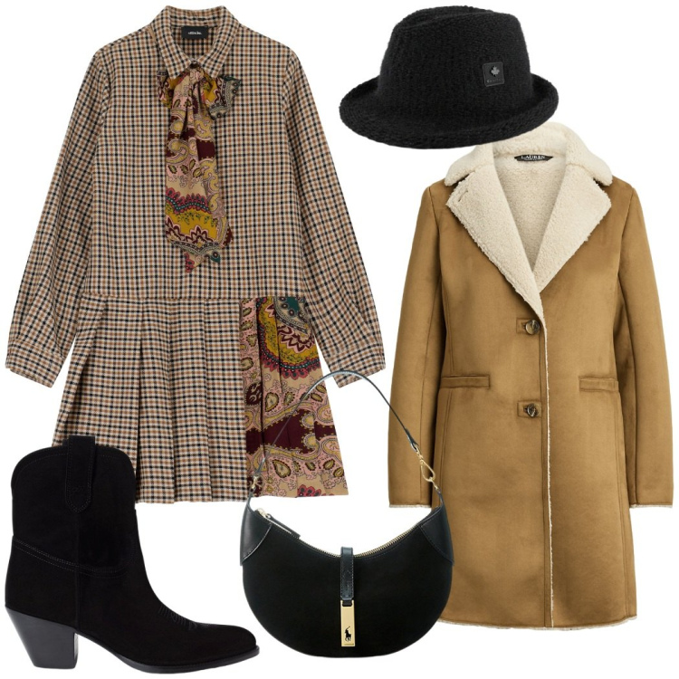 Outfit donna - Total look #2288996. Stile Casual chic per Tutti i giorni. Abbinamento con vestiti, cappotti, stivaletti, borse a spalla, cappelli.