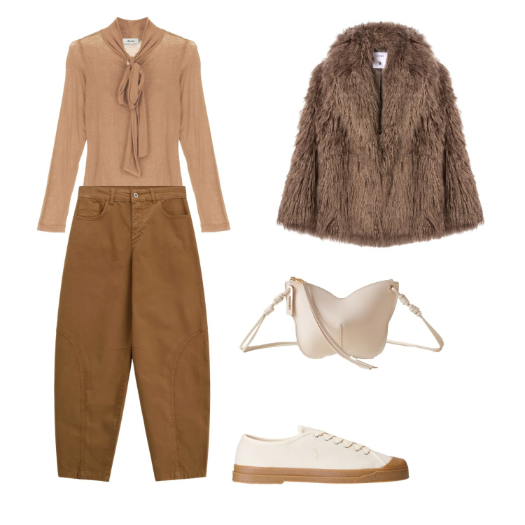 Outfit donna - Autunno warm. Stile Casual chic per Tutti i giorni. Abbinamento con ecopellicce, borse a tracolla, pantaloni, top, sneakers.