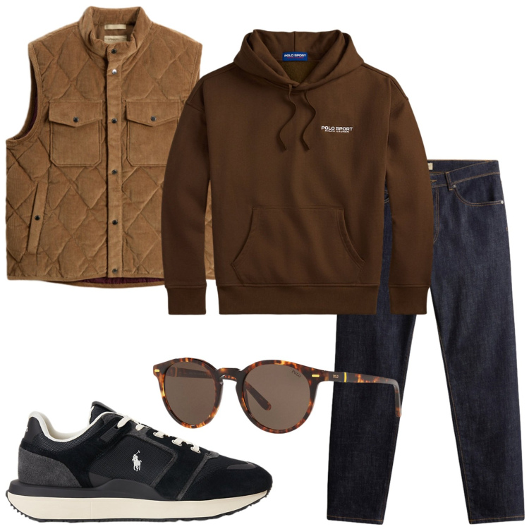 Outfit uomo - Total look #2289003. Stile Casual per Tutti i giorni. Abbinamento con occhiali da sole, sneakers, felpe con cappuccio, pantaloni, gilet.