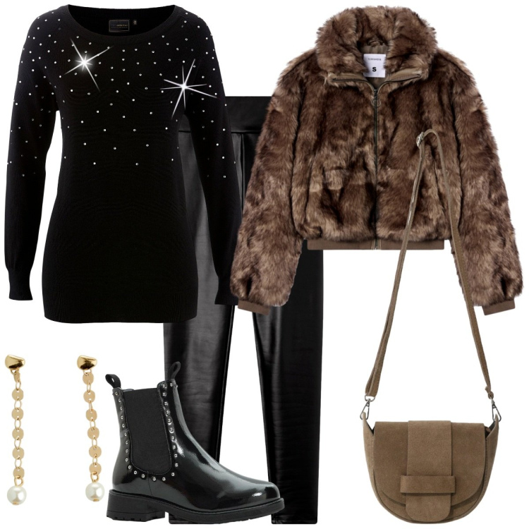 Outfit donna - con stile - Focus Donna. Stile Romantica per Serata fuori. Abbinamento con maglieria, orecchini, stivaletti chelsea, leggings, ecopellicce, borse a tracolla.