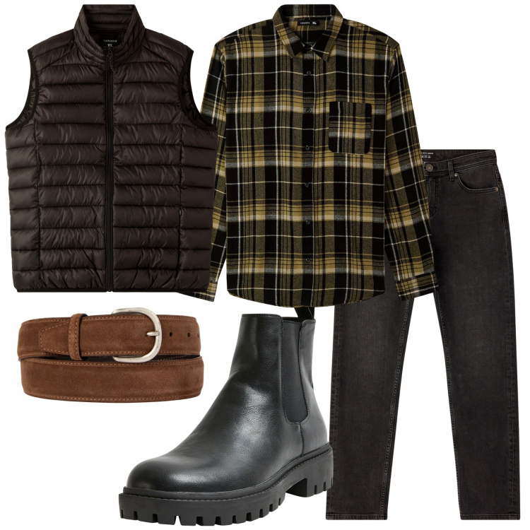 Outfit uomo - Total look #2289008. Stile Casual per Tutti i giorni. Abbinamento con stivali e stivaletti, jeans, piumini, camicie, cinture.