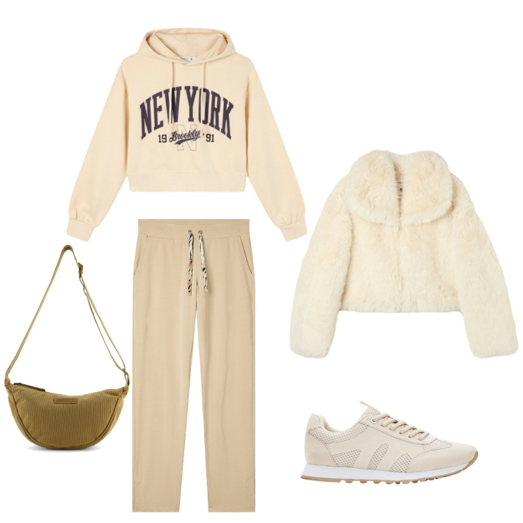 Outfit donna - Cool in white. Stile Casual chic per Tutti i giorni. Abbinamento con sneakers, felpe con cappuccio, ecopellicce, pantaloni, borse a tracolla.