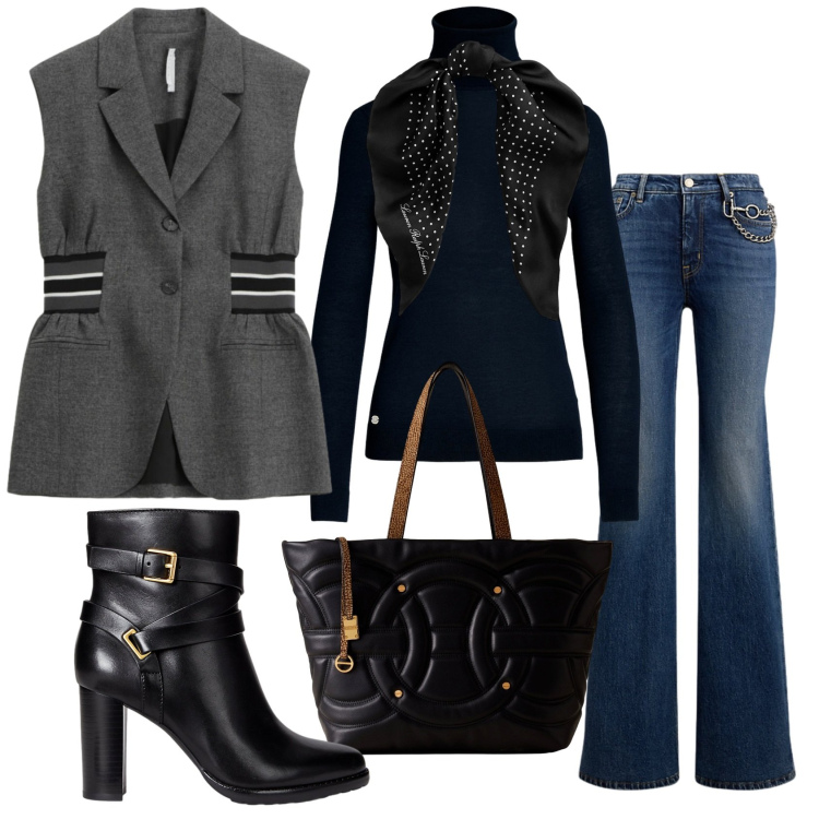 Outfit donna - Total look #2289014. Stile Casual chic per Tutti i giorni. Abbinamento con gilet, shopping bag, maglieria, foulard, jeans dritti, stivaletti.