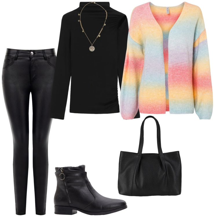Outfit donna - Un tocco di colore. Stile Rock per Tutti i giorni. Abbinamento con stivaletti, cardigans, shopping bag, pantaloni skinny, pullovers, ciondoli.