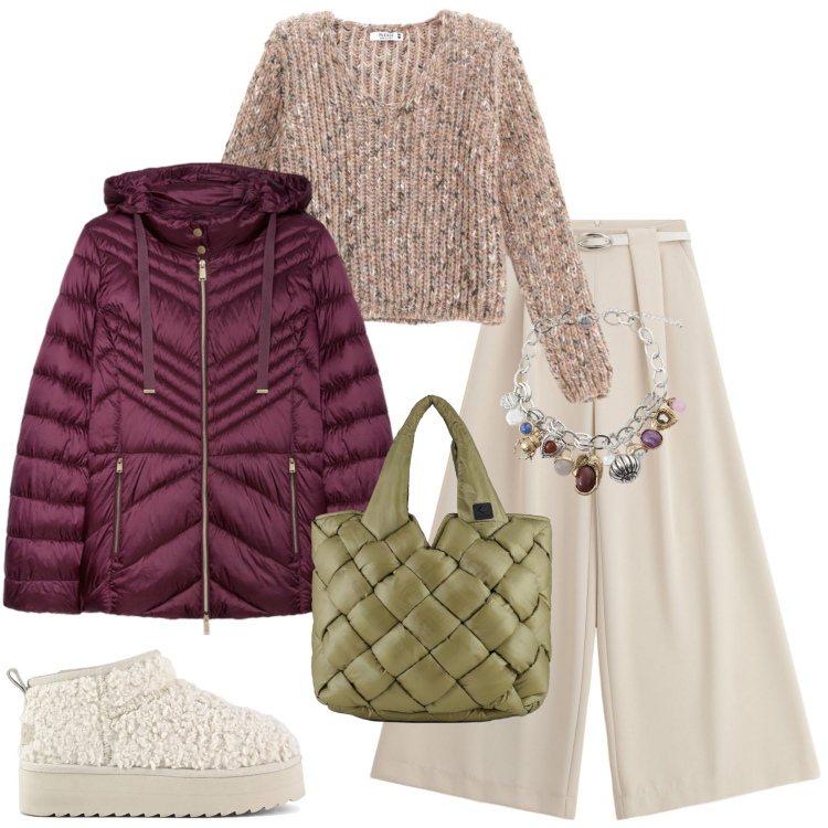 Outfit donna - Semplicità. Stile Sporty chic per Tutti i giorni. Abbinamento con maglieria, pantaloni a palazzo, braccialetti con ciondoli, borse tote, piumini, stivaletti.