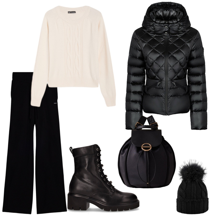 Outfit donna - Sport chic per ogni situazione. Stile Sporty chic per Tutti i giorni. Abbinamento con zaini, maglieria, pantaloni, piumini, berretti, anfibi.