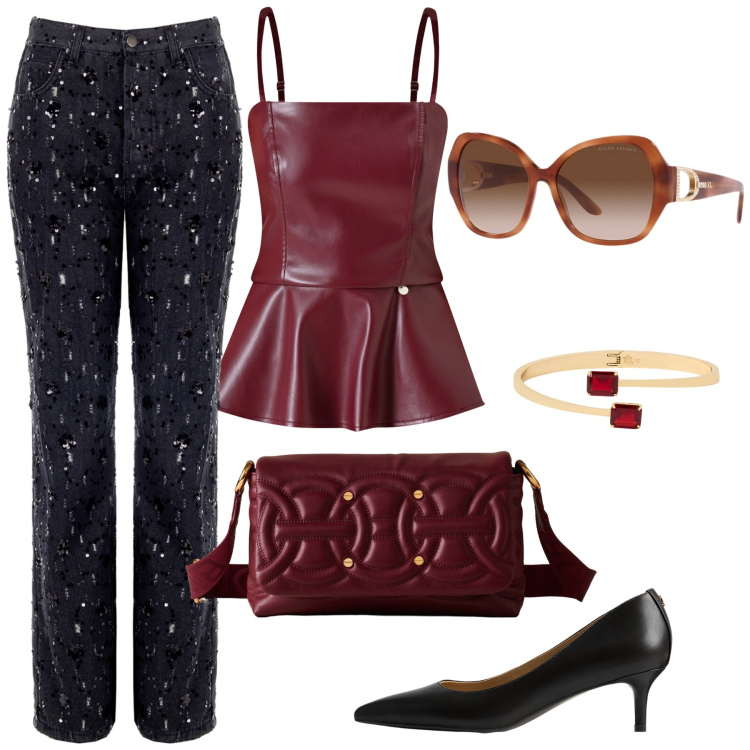 Outfit donna - Total look #2289019. Stile Casual per Serata fuori. Abbinamento con top, pantaloni, borse a tracolla, occhiali da sole, braccialetti, décolleté.