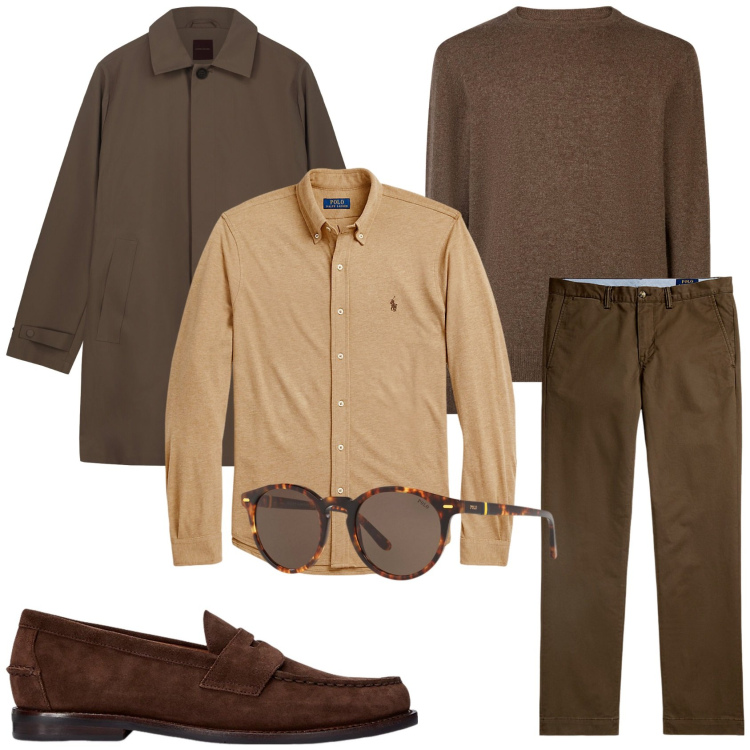 Outfit uomo - Lo stile maschile. Stile Trendy per Tutti i giorni. Abbinamento con occhiali da sole, camicie, scarpe stringate, pantaloni chino, maglieria, trench.