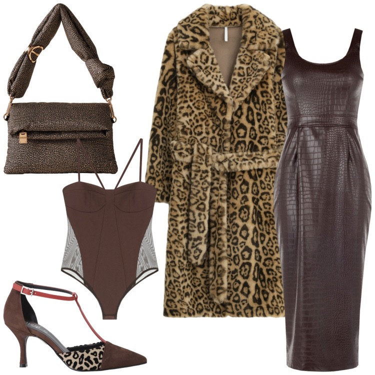 Outfit donna - Glamour per novembre. Stile Casual chic per Serata fuori. Abbinamento con vestiti a tubino, cappotti, body, borse a tracolla, décolleté.