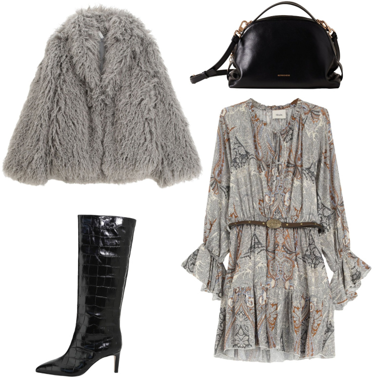 Outfit donna - Glamour per novembre. Stile Glamour per Serata fuori. Abbinamento con ecopellicce, borse a mano, vestiti corti, stivali.