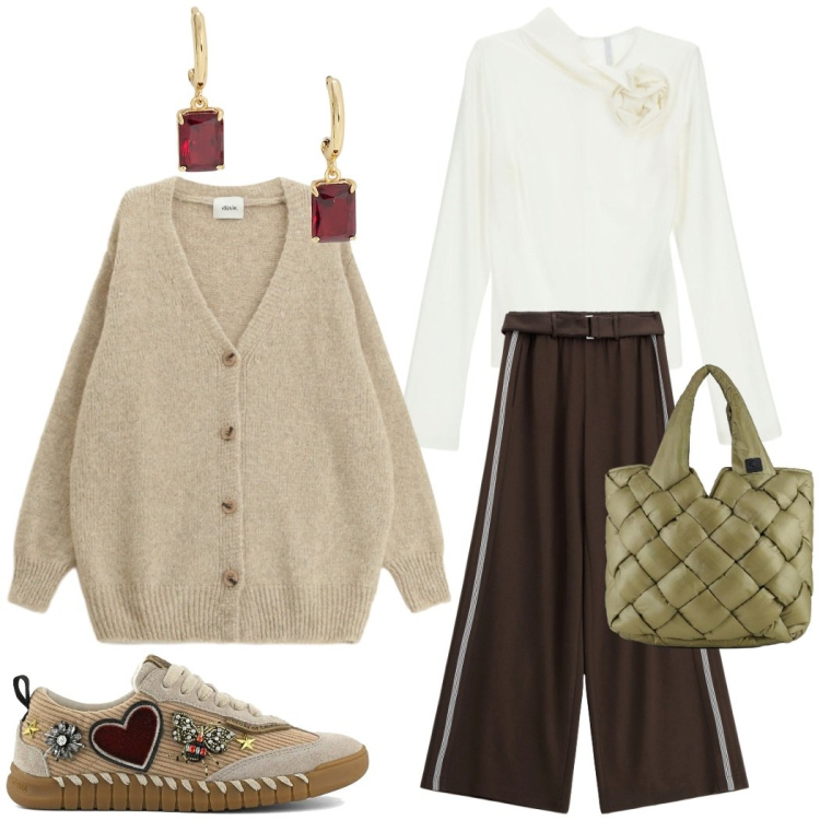 Outfit donna - Un morbido cardigan. Stile Casual chic per Ufficio. Abbinamento con pantaloni a palazzo, t-shirt, cardigans, orecchini, borse tote, sneakers.