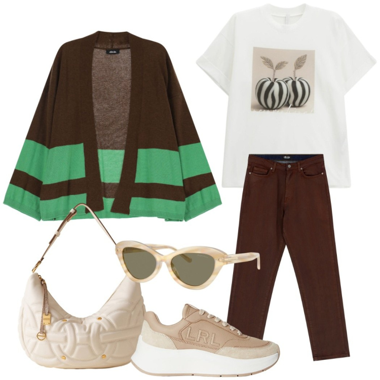 Outfit donna - Fine settimana. Stile Casual chic per Tutti i giorni. Abbinamento con t-shirt, borse a spalla, pantaloni, cardigans, sneakers, occhiali da sole.