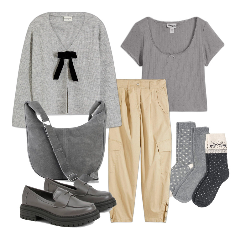 Outfit femme - Novembre. Style Casual chic pour Tous les jours. Assortir avec pulls, pantalon cargo, pulls, sacs à main, socquettes, mocassins.