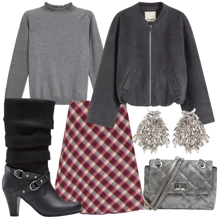 Outfit donna - Grigio che passione. Stile Casual per Tutti i giorni. Abbinamento con stivali, bomber, borse a tracolla, gonne, orecchini, maglieria.