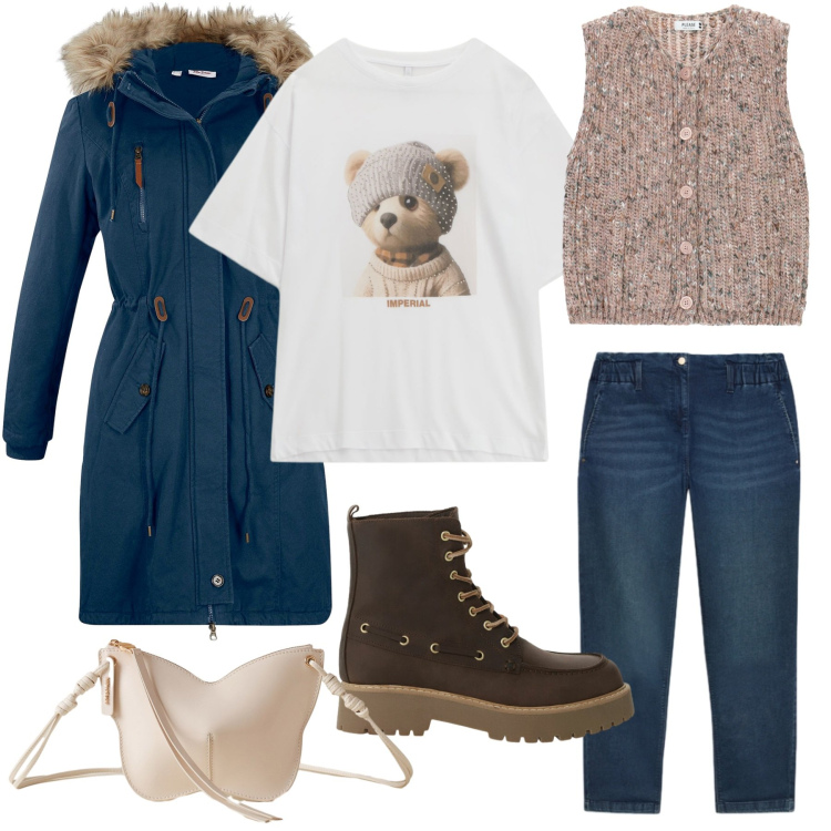 Outfit donna - Teddy cozy cute- Passeggiata al parco. Stile Casual per Tutti i giorni. Abbinamento con parka, gilet, t-shirt, borse a tracolla, stivaletti, jeans.
