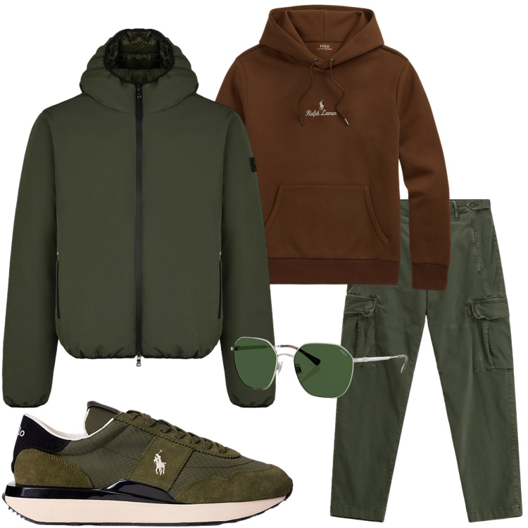 Outfit uomo - Colori della terra. Stile Urban per Tutti i giorni. Abbinamento con pantaloni cargo, sneakers, occhiali da sole, felpe con cappuccio, giacche.