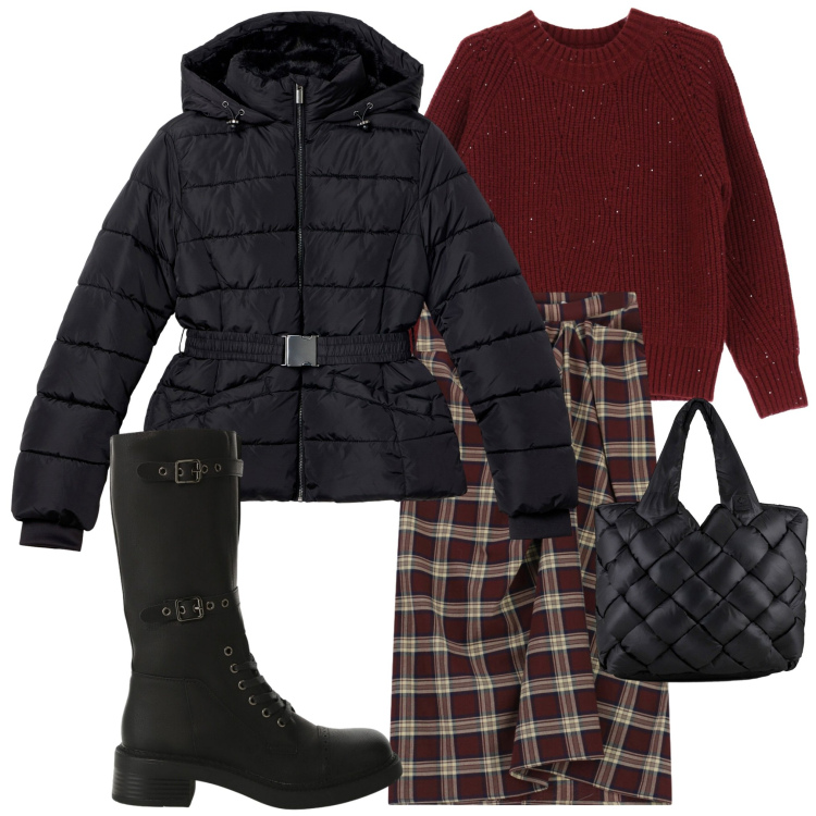 Outfit donna - Giornata in città. Stile Urban per Tutti i giorni. Abbinamento con piumini, gonne longuette, stivali, maglieria, borse tote.