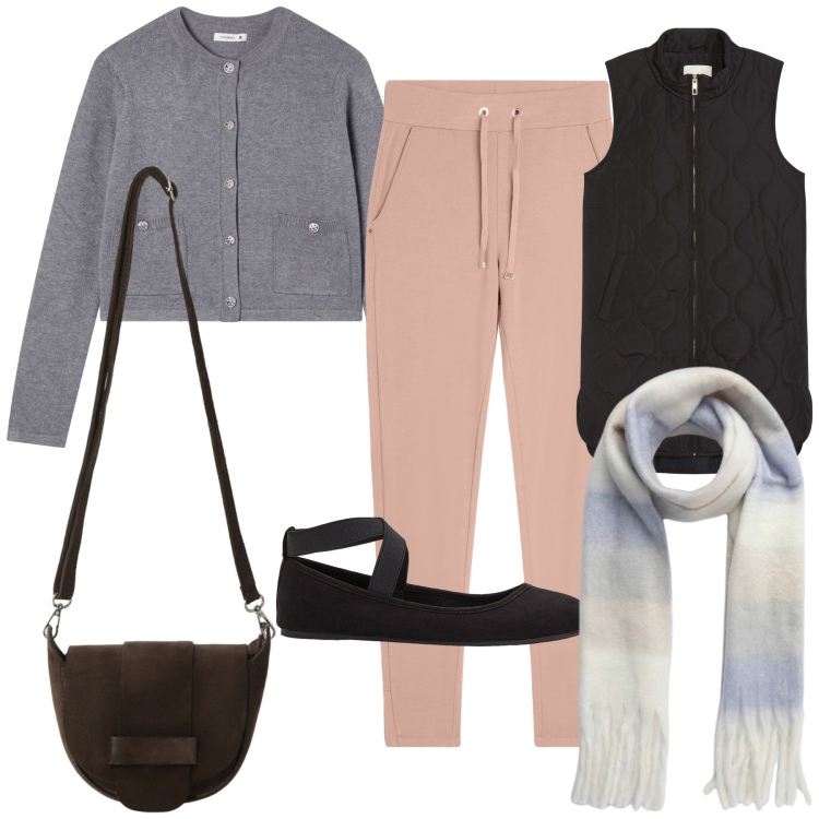 Outfit donna - Smanicato e sciarpa e il freddo vicino. Stile Basic per Tutti i giorni. Abbinamento con ballerine, piumini, cardigans, sciarpe, pantaloni, borse a tracolla.