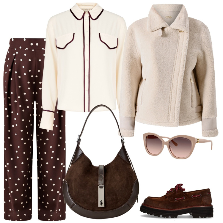 Outfit donna - Profili. Stile Casual chic per Scuola/Università. Abbinamento con ecopellicce, camicie, pantaloni a palazzo, occhiali da sole, borse a spalla, mocassini.