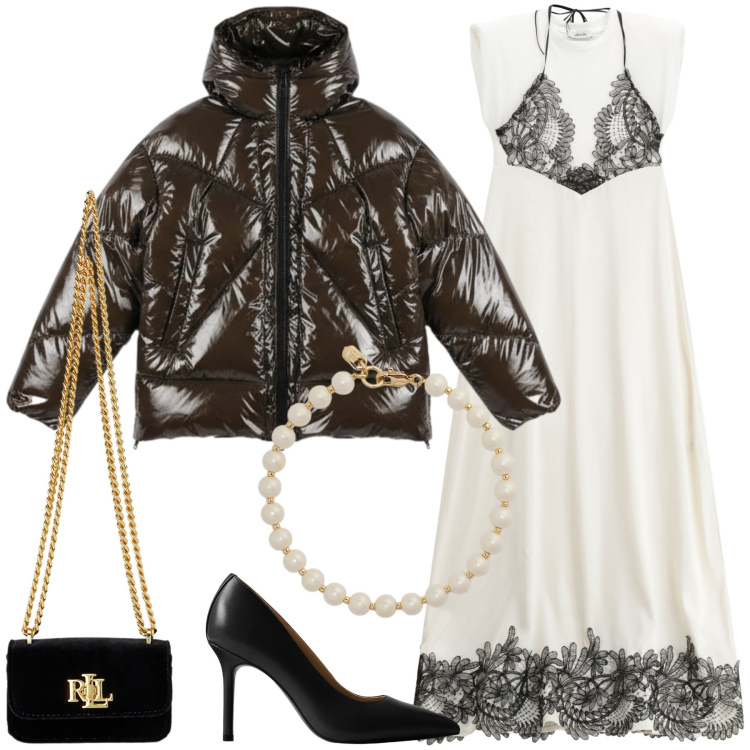 Outfit donna - Eleganza col freddo della sera invernale. Stile Glamour per Serata fuori. Abbinamento con vestiti lunghi, pochette, décolleté, braccialetti, piumini.
