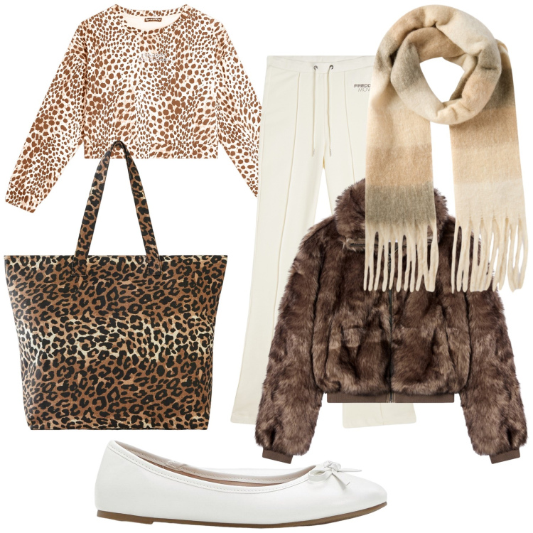 Outfit donna - Total look. Stile Casual chic per Tutti i giorni. Abbinamento con ballerine, shopping bag, sciarpe, ecopellicce, pantaloni, felpe.