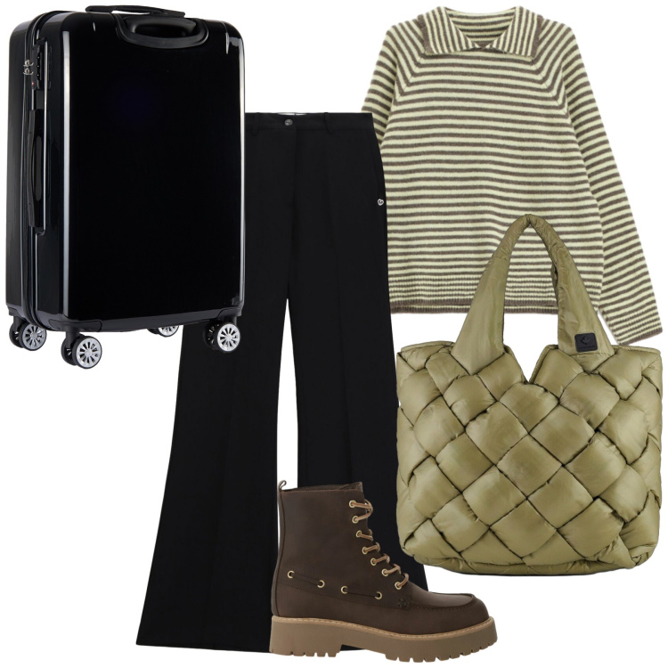 Outfit donna - Si parte. Stile Casual chic per Tutti i giorni. Abbinamento con pantaloni, maglieria, stivaletti, valigie, borse tote.