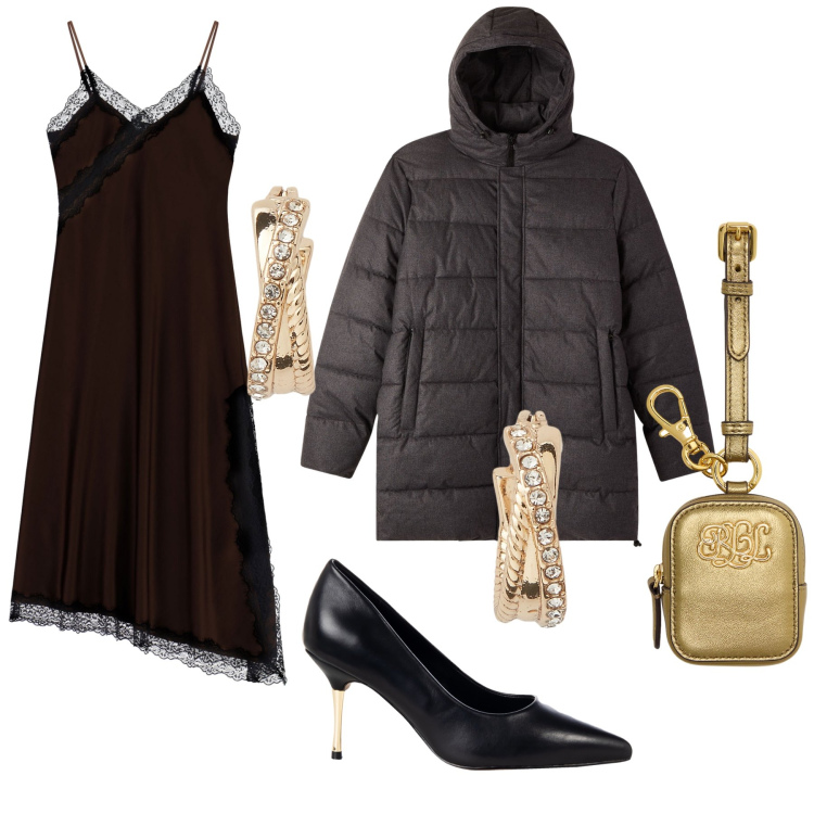 Outfit donna - Abito sottoveste pure in inverno. Stile Glamour per Serata fuori. Abbinamento con décolleté, bomber, vestiti asimmetrici, orecchini, pochette.