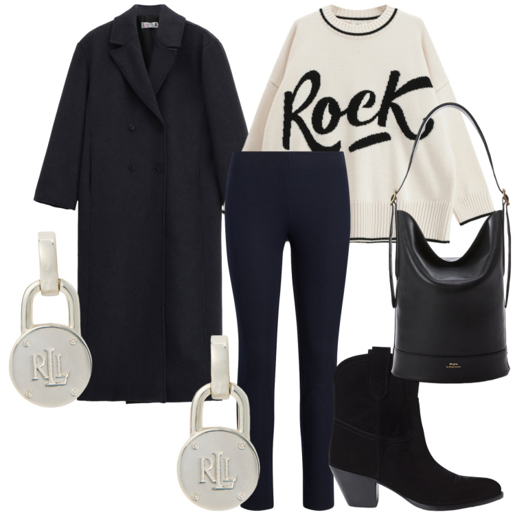 Outfit donna - Il rock bon ton. Stile Urban per Tutti i giorni. Abbinamento con cappotti, maglieria, borse a secchiello, orecchini, pantaloni skinny, stivaletti.