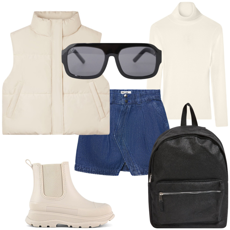 Outfit donna - Preppy jeans. Stile Preppy per Tutti i giorni. Abbinamento con maglieria, piumini, minigonne, zaini, occhiali da sole, stivali.
