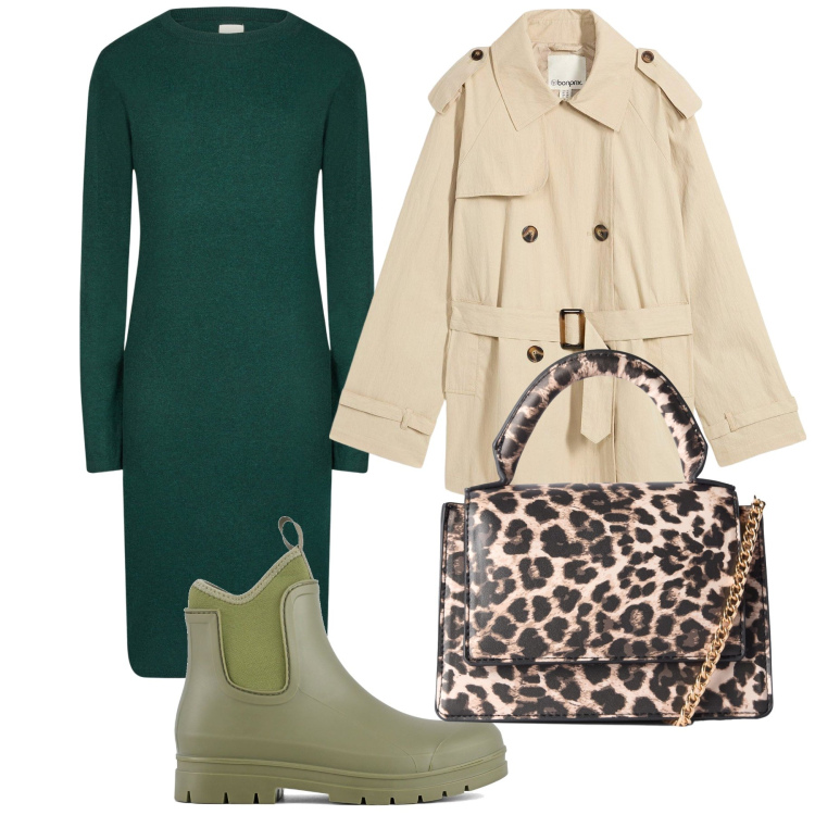 Outfit donna - Ufficio ecogreen. Stile Urban per Ufficio. Abbinamento con trench, borse a tracolla, vestiti midi/longuette, stivali.