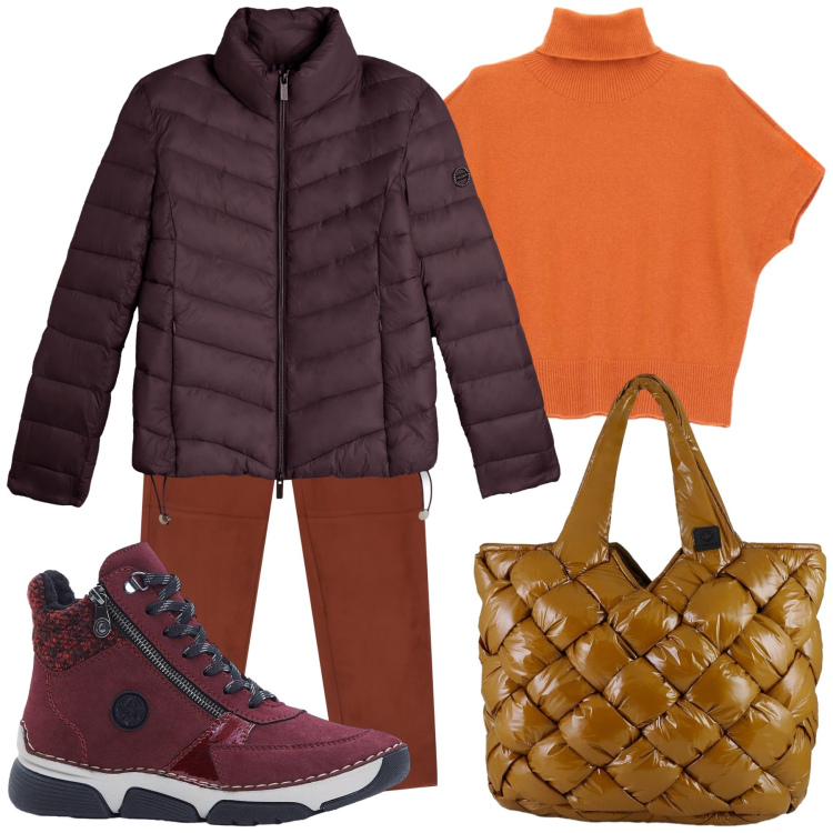 Outfit donna - Mercoledì mattina. Stile Casual per Tutti i giorni. Abbinamento con stivaletti, pantaloni chino, maglieria, piumini, borse tote.