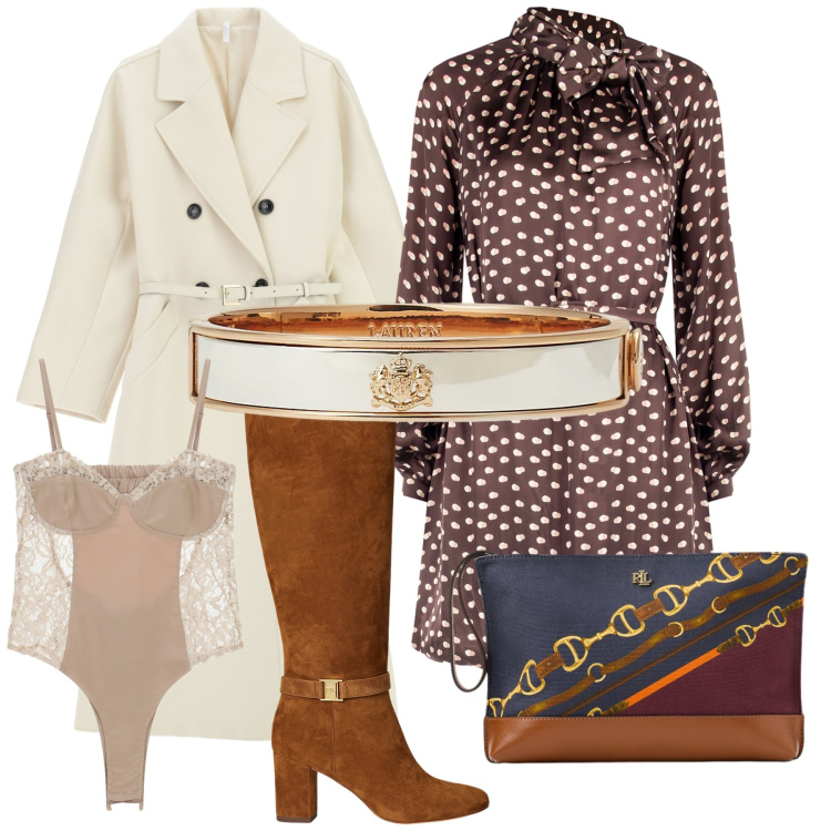 Outfit donna - Ristorante dopo il lavoro. Stile Urban per Ufficio. Abbinamento con vestiti chemisier, cappotti, body, pochette, braccialetti, stivali.