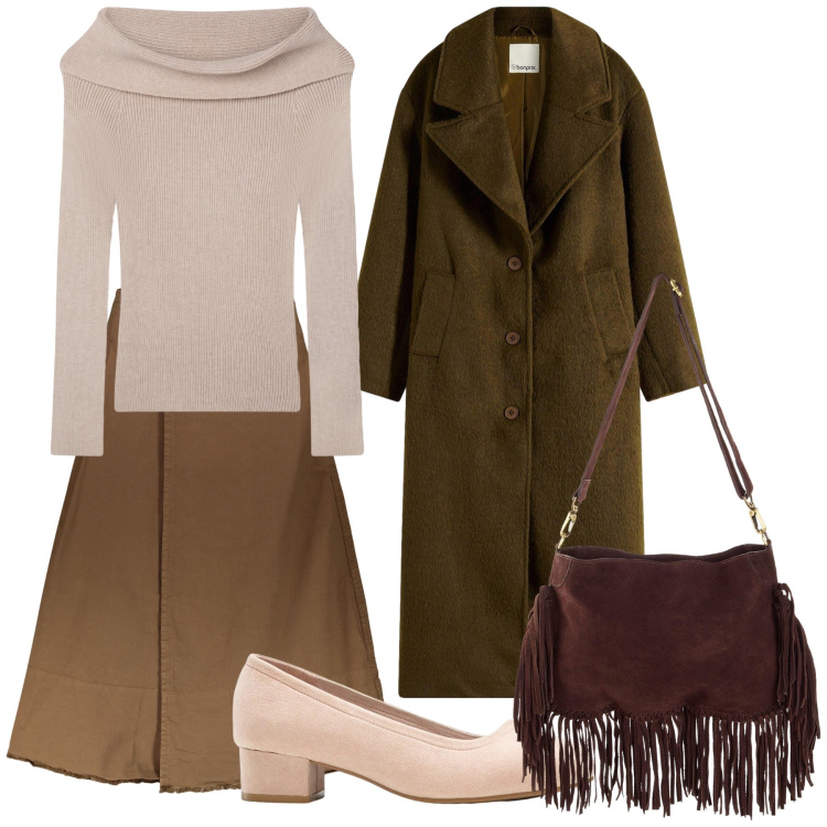 Outfit donna - La borsa boho ravviva il look. Stile Urban per Ufficio. Abbinamento con borse a tracolla, décolleté, cappotti, maglieria, gonne lunghe.