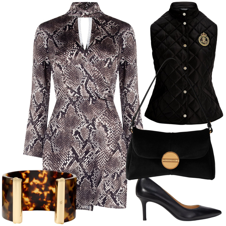 Outfit donna - Elegante ed alternativa. Stile Trendy per Serata fuori. Abbinamento con vestiti corti, borse a tracolla, décolleté, braccialetti, piumini.