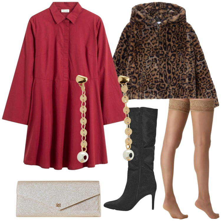 Outfit donna - Serata in rosso. Stile Glamour per Serata fuori. Abbinamento con vestiti chemisier, orecchini, collant, pochette, stivali, ecopellicce.