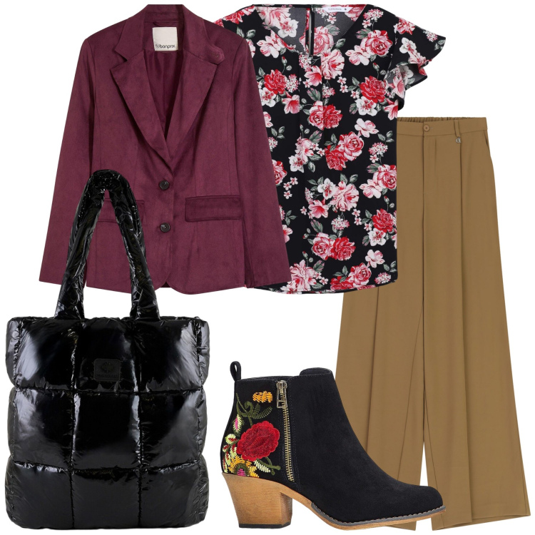 Outfit donna - Fiori nell inverno. Stile Trendy per Ufficio. Abbinamento con stivaletti, blazer, bluse, pantaloni a palazzo, shopping bag.