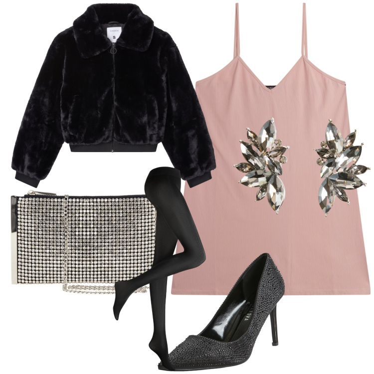 Outfit donna - Sparkling night. Stile Sexy per Serata fuori. Abbinamento con collant, orecchini, décolleté, ecopellicce, pochette, vestiti corti.