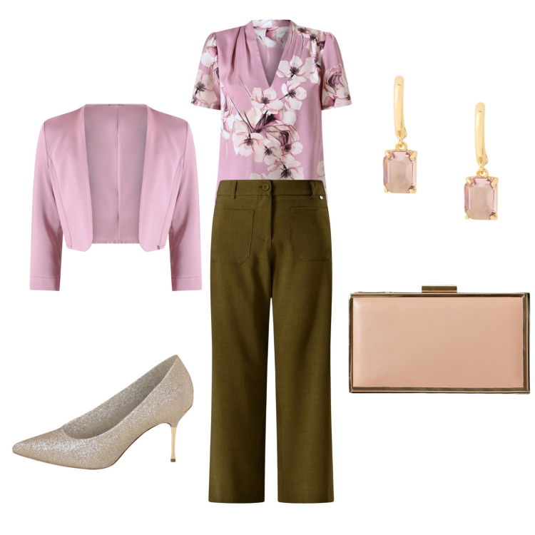 Outfit donna - Ispirazione giapponese. Stile Casual chic per Tutti i giorni. Abbinamento con bolero, décolleté, pochette, bluse, pantaloni, orecchini.