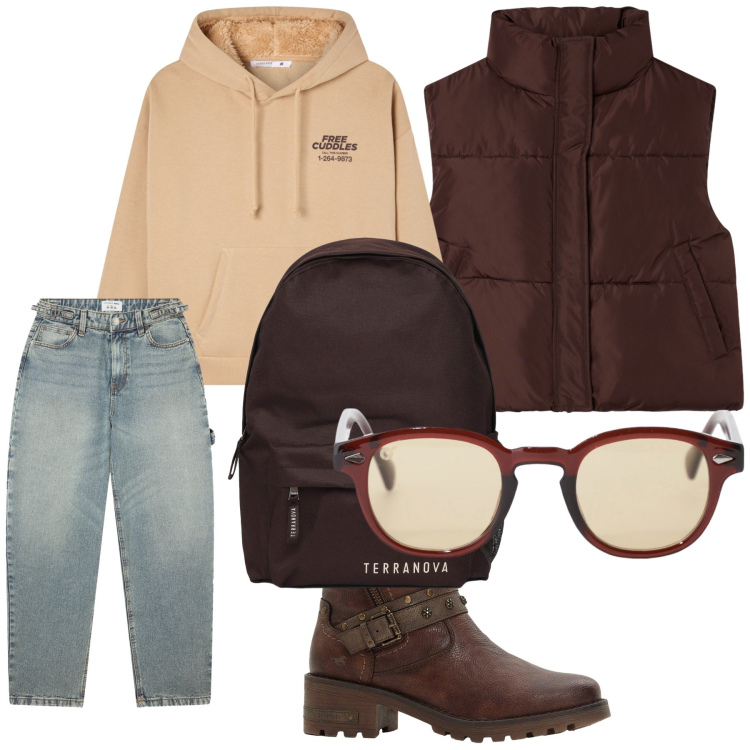 Outfit donna - Giretto. Stile Casual per Tutti i giorni. Abbinamento con stivaletti, zaini, piumini, felpe con cappuccio, jeans, occhiali da sole.