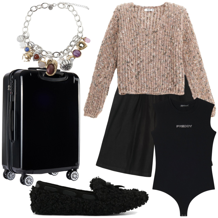 Outfit donna - Pronta per viaggiare. Stile Basic per Tutti i giorni. Abbinamento con maglieria, braccialetti con ciondoli, body, valigie, mocassini, bermuda.