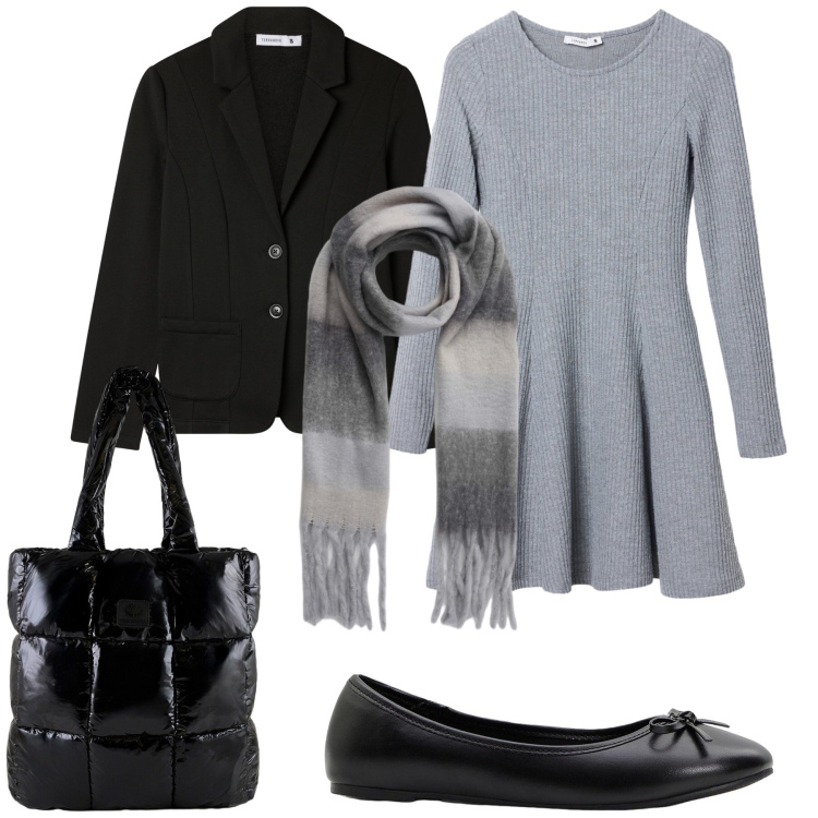Outfit donna - Ordinata in ufficio. Stile Bon Ton per Ufficio. Abbinamento con ballerine, blazer, vestiti corti, sciarpe, shopping bag.