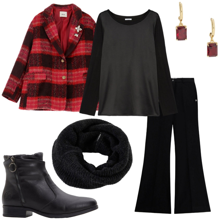 Outfit donna - Freddo Dicembre. Stile Casual chic per Tutti i giorni. Abbinamento con stivaletti, pantaloni, blazer, orecchini, scaldacollo, bluse.