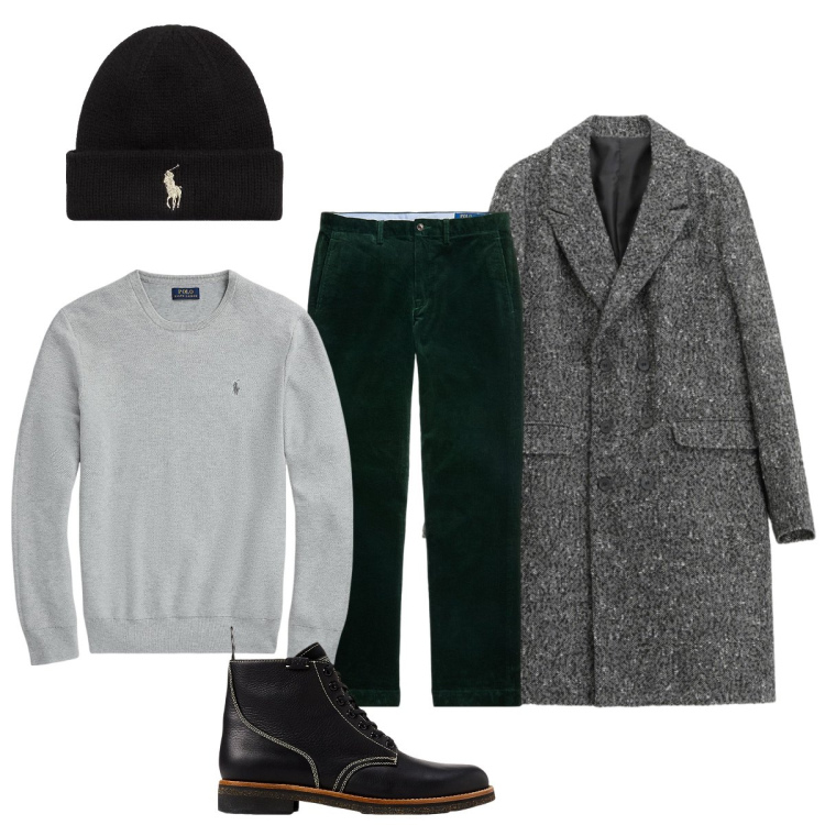 Outfit uomo - Trendy con il cappotto tweed. Stile Trendy per Tutti i giorni. Abbinamento con cappotti, maglieria, pantaloni, berretti, stivali.